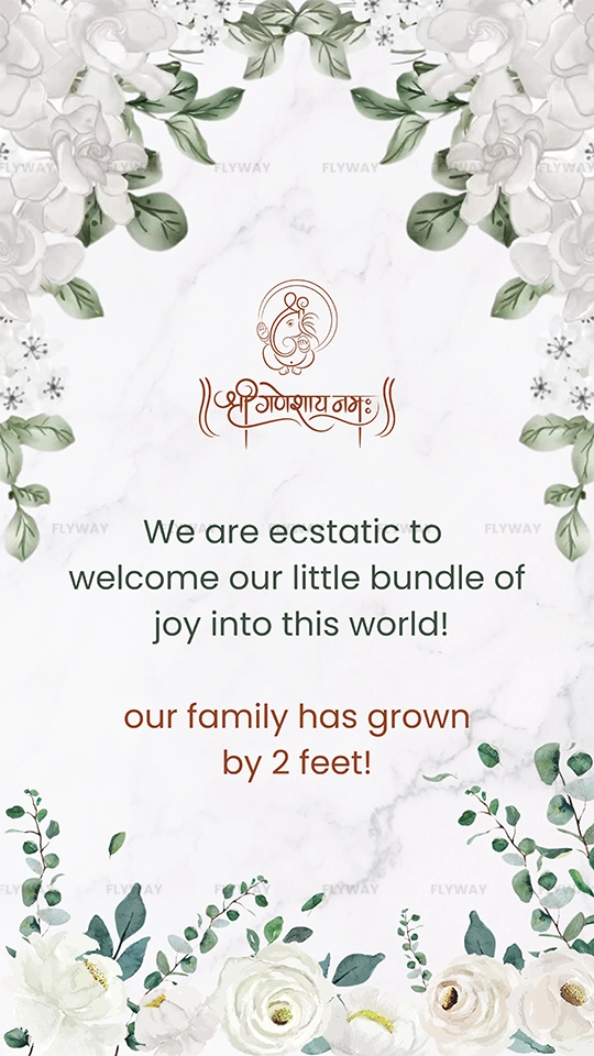 Floral baby announcement card with white roses theme