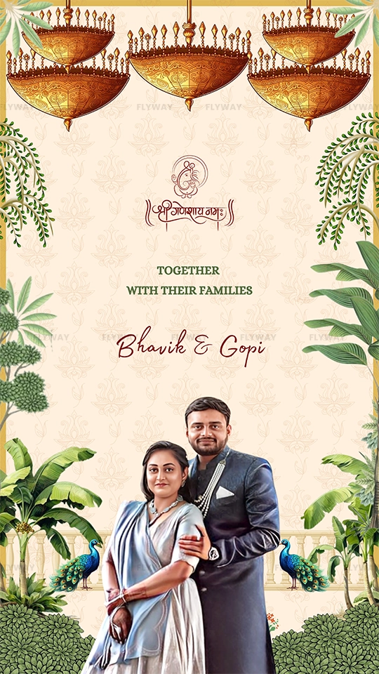 Engagement invitation for Bhavik and Gopi with traditional decor