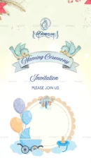 Elegant baby naming ceremony invitation card with blue birds, baby pram, and pastel balloon elements