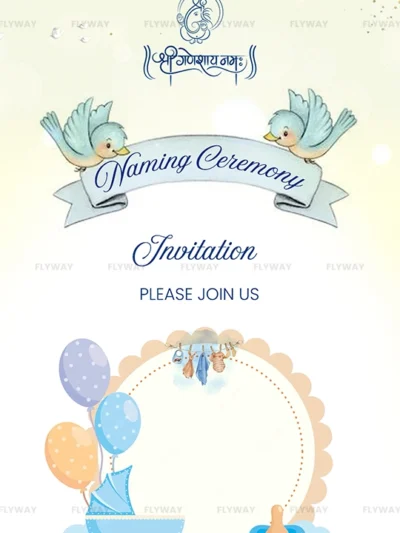 Elegant baby naming ceremony invitation card with blue birds, baby pram, and pastel balloon elements