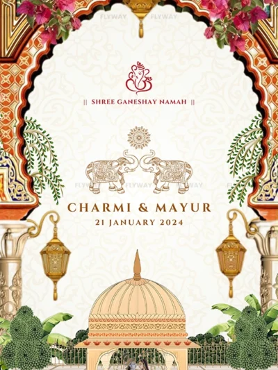 Traditional Indian wedding card with floral arch and Ganesha symbol