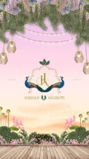 Radha Krishna wedding invite welcome screen with floral arch and peacocks