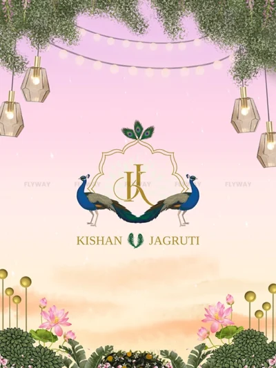 Radha Krishna wedding invite welcome screen with floral arch and peacocks