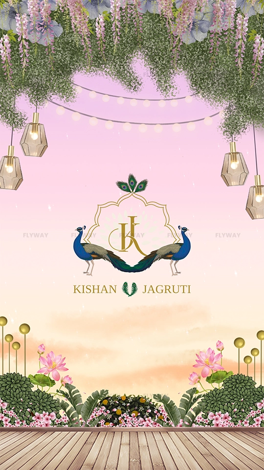 Radha Krishna wedding invite welcome screen with floral arch and peacocks