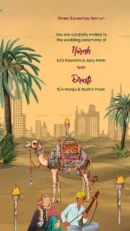 Desert-themed wedding invitation cover with camel and couple illustration