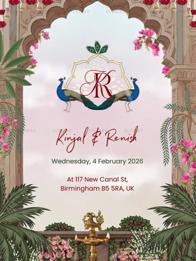 Save the Date invitation with peacocks and flowers