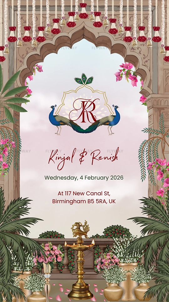 Save the Date invitation with peacocks and flowers