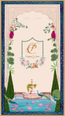 Mughal-style wedding monogram with floral and parrot motifs