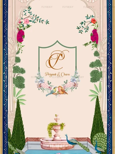 Mughal-style wedding monogram with floral and parrot motifs