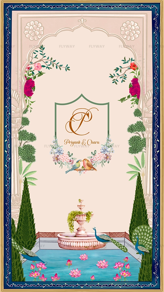 Mughal-style wedding monogram with floral and parrot motifs