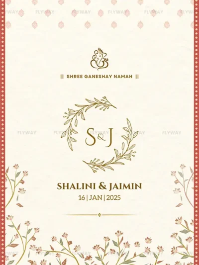 Elegant floral wedding invite with minimalist Ganesh symbol and traditional elements