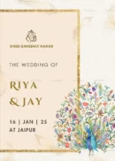 Elegant Indian wedding invitation with floral peacock artwork and golden border