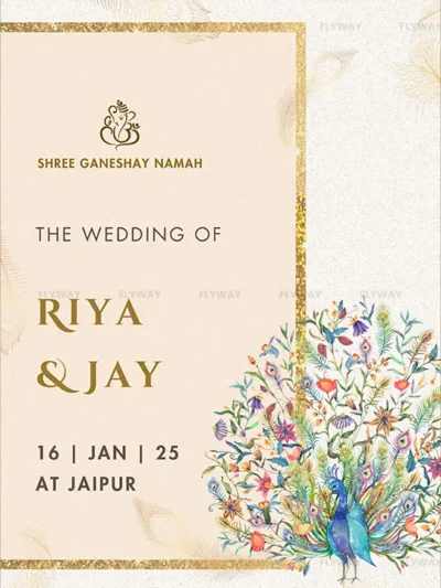 Elegant Indian wedding invitation with floral peacock artwork and golden border