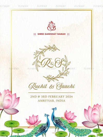 Elegant Indian wedding invitation with floral border, peacocks, and lotus flowers