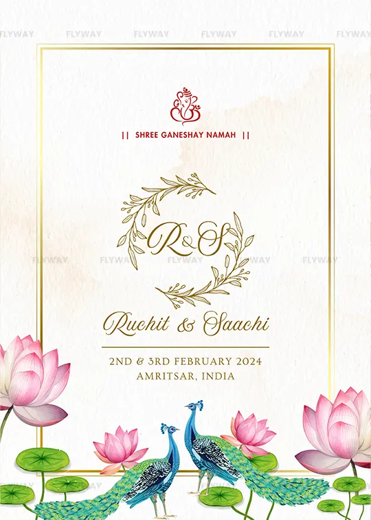 Elegant Indian wedding invitation with floral border, peacocks, and lotus flowers