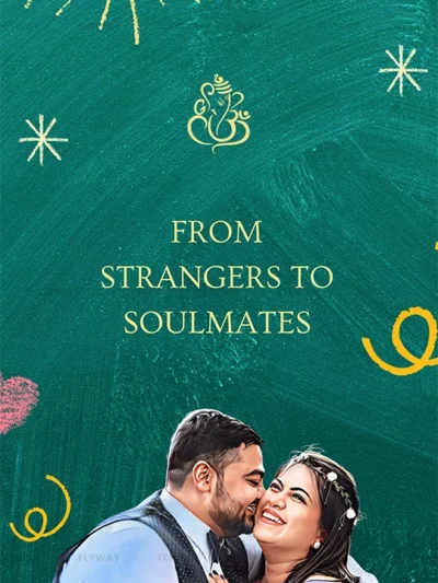 Romantic wedding-themed illustration of a couple celebrating love