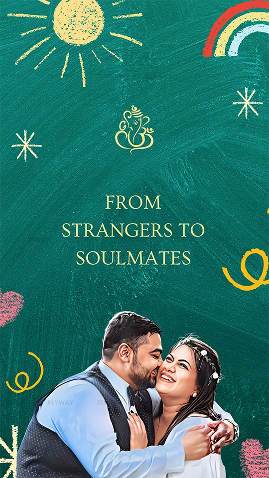 Romantic wedding-themed illustration of a couple celebrating love