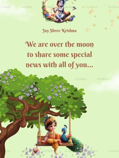Krishna-inspired baby announcement artwork with swing and peacock