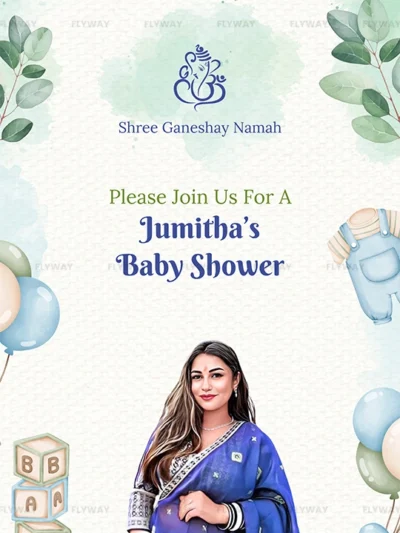 Jumitha baby shower invitation with pregnant woman in blue saree