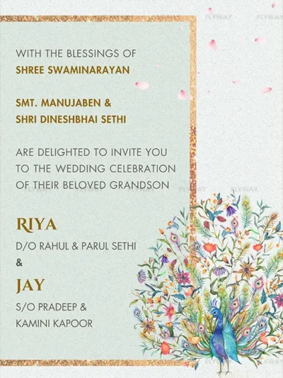 Traditional Indian wedding invitation with blessings and peacock illustration