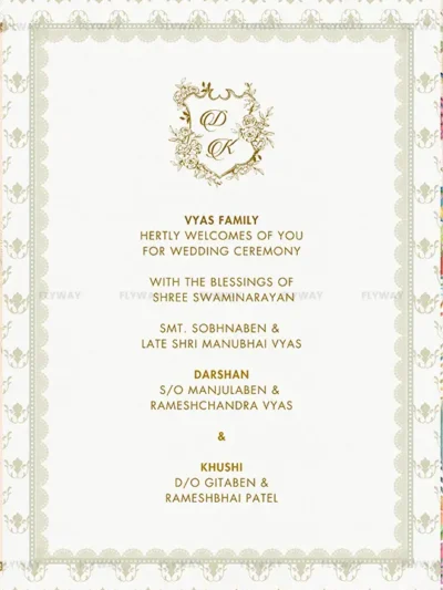 Cream and gold wedding card layout with ornate floral accents