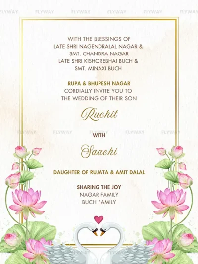 Traditional Indian wedding invitation layout with swans and lotus decorations