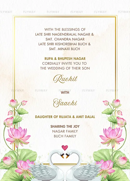 Traditional Indian wedding invitation layout with swans and lotus decorations