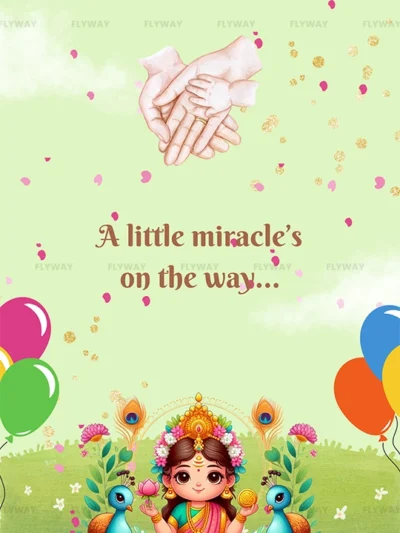 Colorful baby announcement with goddess child illustration and festive background