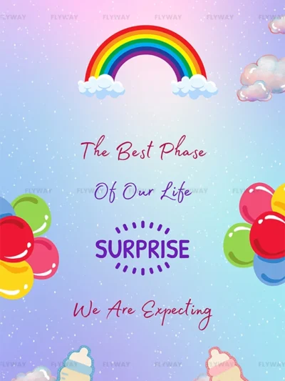 Colorful rainbow and baby bottle themed announcement design