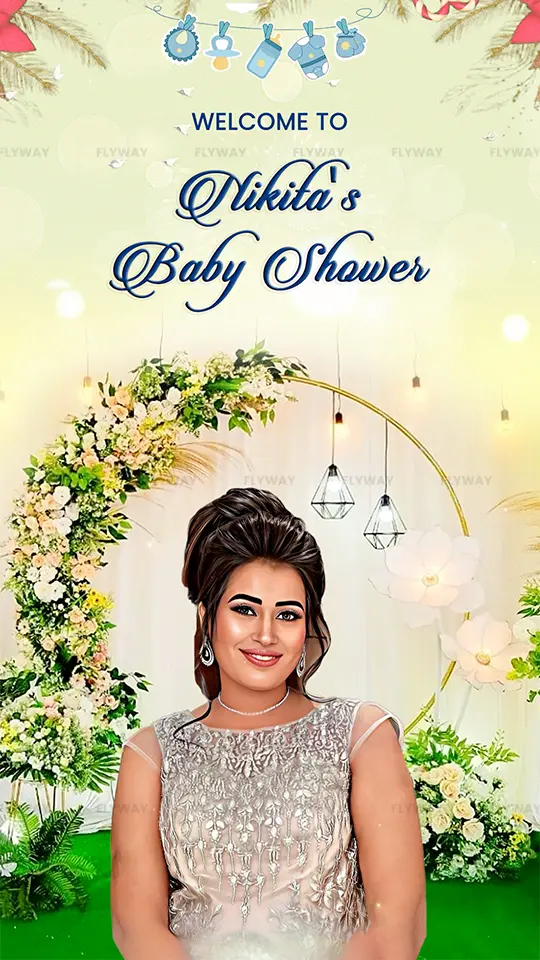 Floral baby shower welcome poster with modern greenery and glowing lights