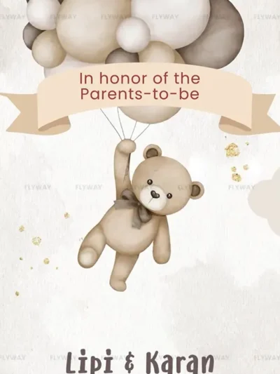 Teddy bear flying with balloons baby shower design