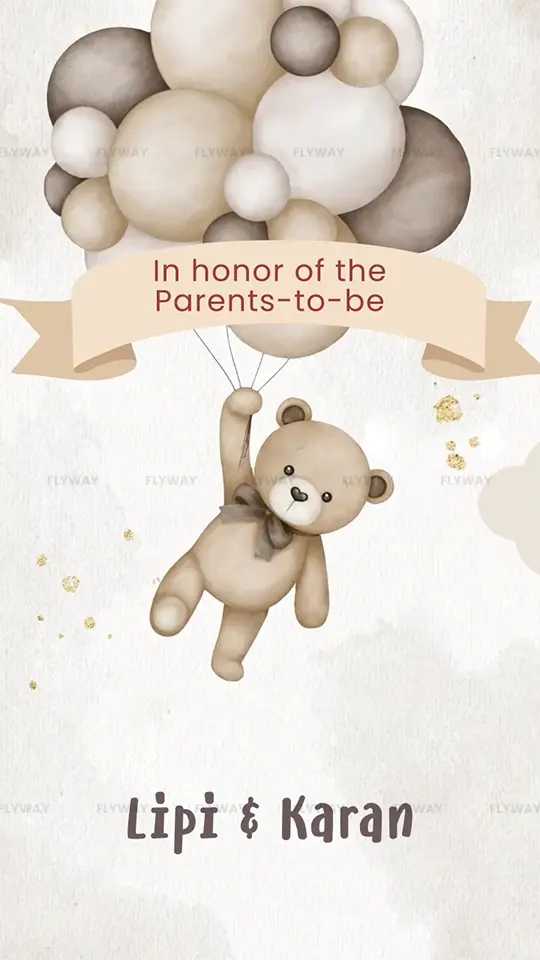 Teddy bear flying with balloons baby shower design