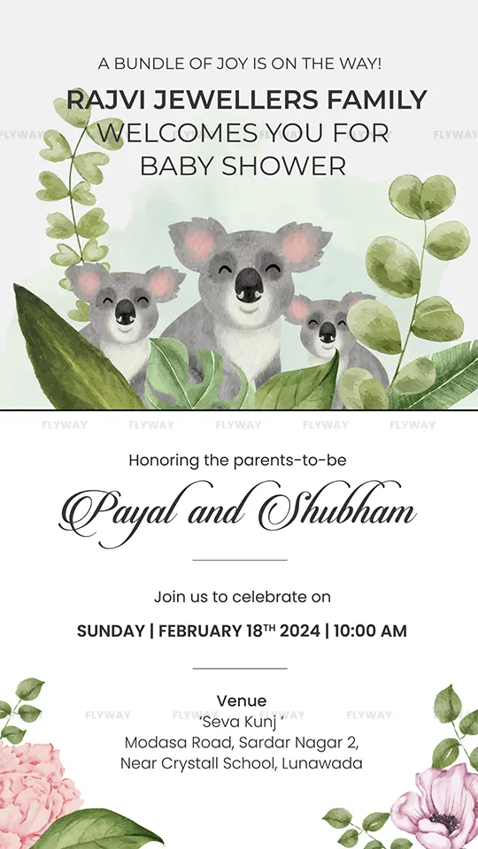 Koala family baby shower welcome card with greenery