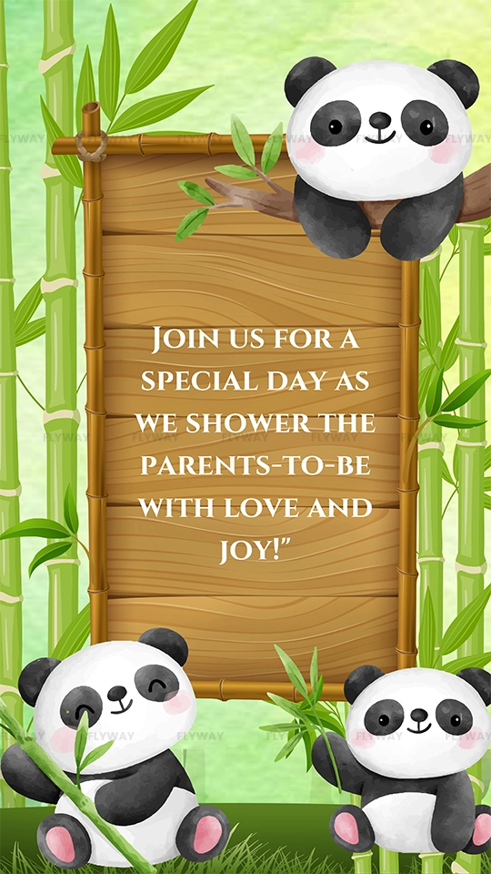 Playful pandas inviting guests to a baby shower