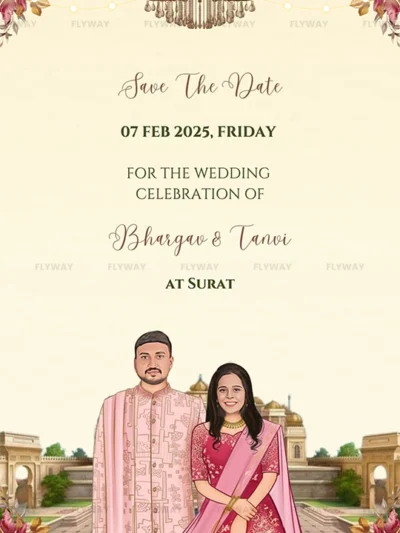 Illustrated Couple Save the Date with Wedding Details