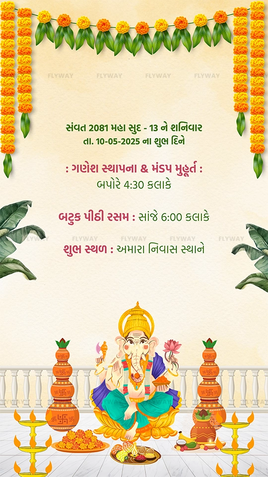 Lord Ganesha seated for Ganesh Sthapana puja with vibrant temple decor