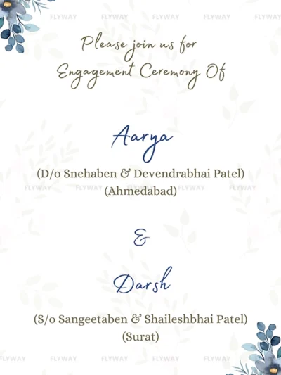 Engagement invitation with family details for Aarya and Darsh