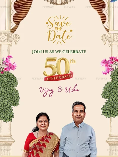 Indian golden jubilee anniversary couple portrait with royal background