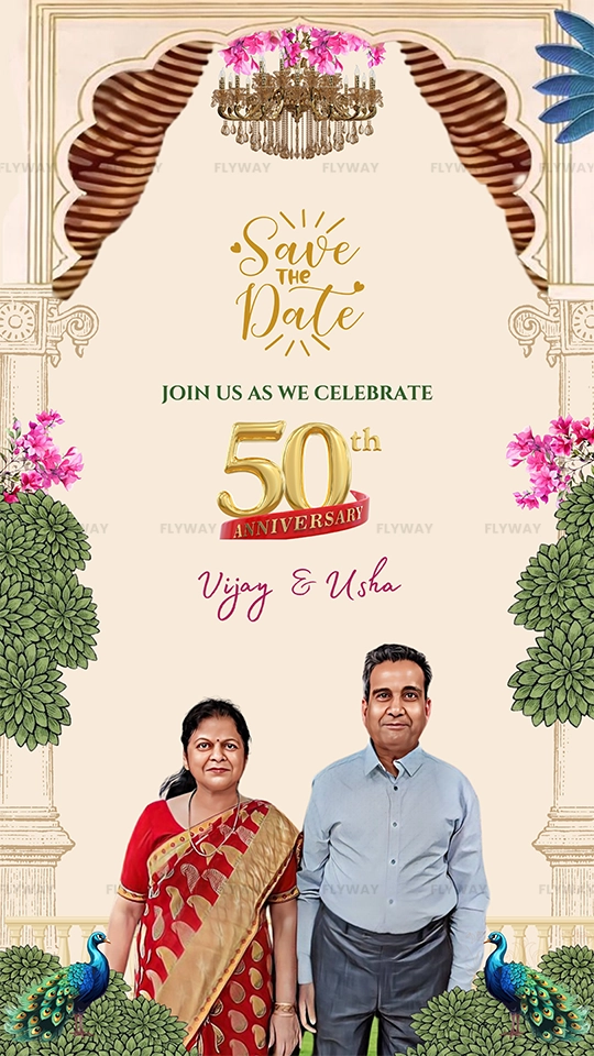 Indian golden jubilee anniversary couple portrait with royal background