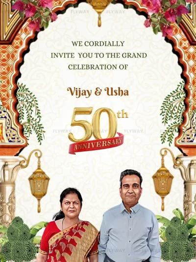 Grand anniversary celebration invite with traditional decor elements