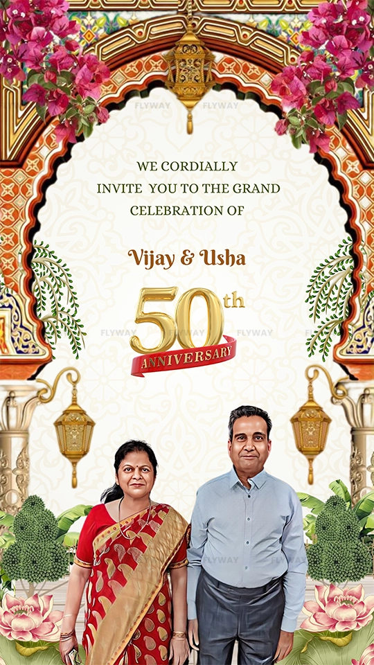 Grand anniversary celebration invite with traditional decor elements