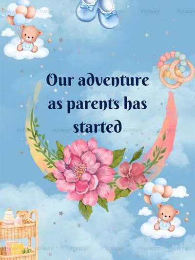 Baby shoes and playful teddy bear in the sky