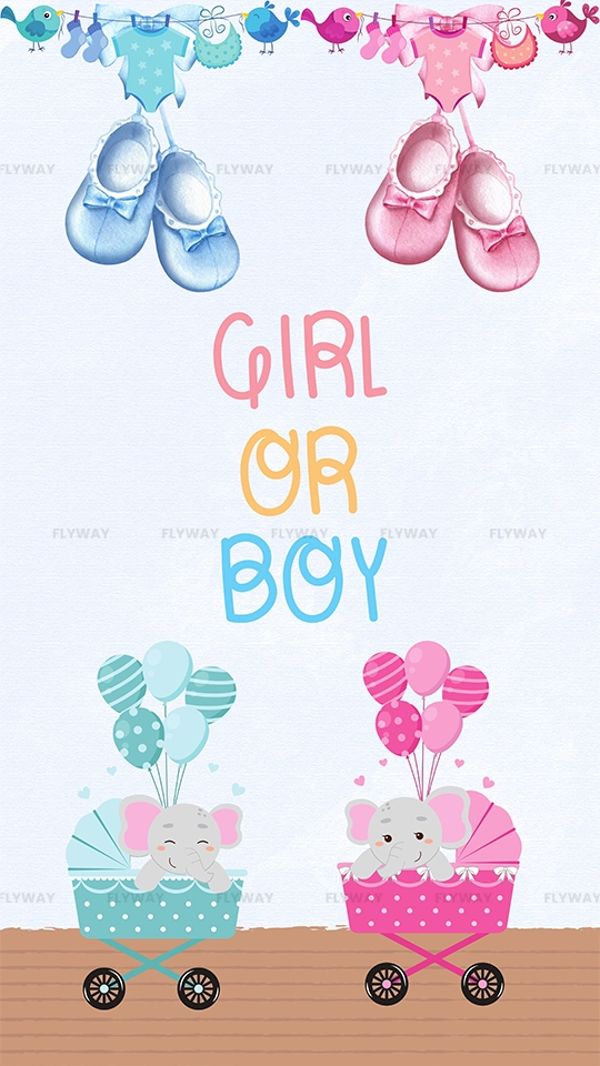 Teddy bear flying with balloons and gender reveal message