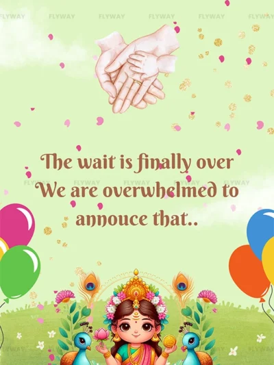 Baby girl announcement with goddess theme, featuring a divine child goddess on a lotus with peacocks, balloons, and floral decorations