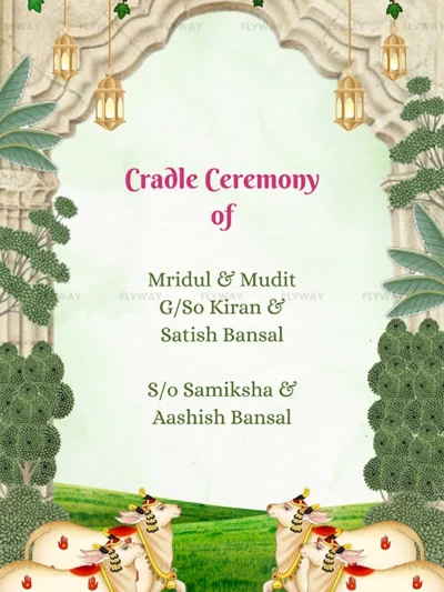 Cradle ceremony invitation text page with names Mridul & Mudit, Kiran & Satish Bansal, Samiksha & Aashish Bansal, framed by floral and cow decorations.