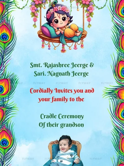 Peacock feather border cradle ceremony card with Baby Krishna swing and real baby photo.