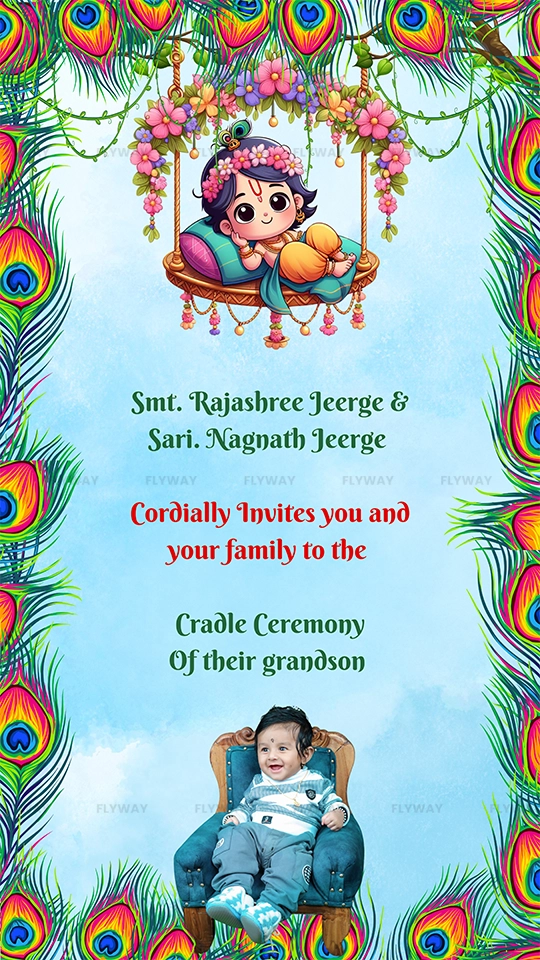 Peacock feather border cradle ceremony card with Baby Krishna swing and real baby photo.