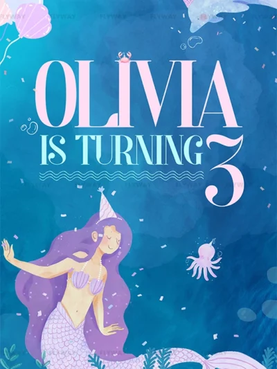 Mermaid party theme showing a girl turning three with aquatic decor