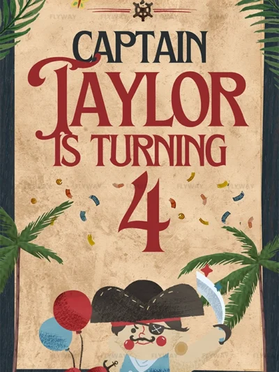 Pirate-themed birthday card showing Captain Taylor turning four with treasure chest and pirate character.