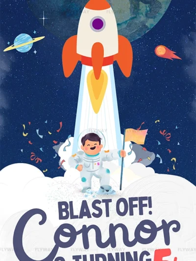 Rocket launch with boy astronaut and festive space elements